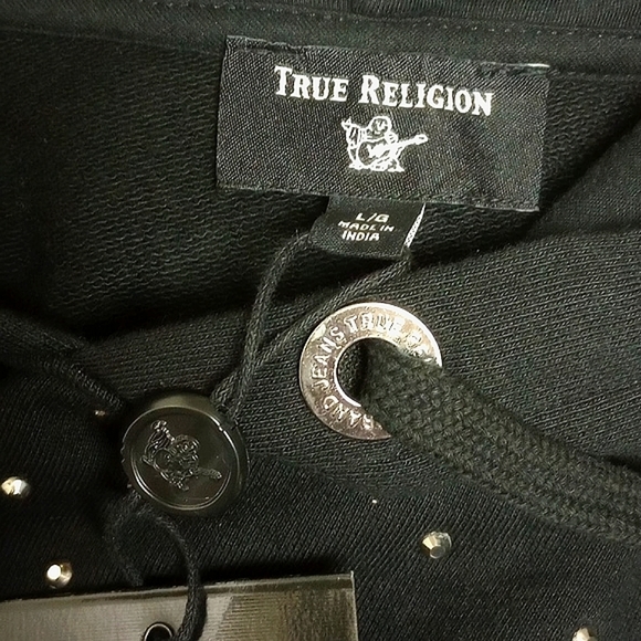 🆕 TRUE RELIGION BLACK HOODIE SWEATSHIRT WITH SILVER STUDS - Picture 7 of 10